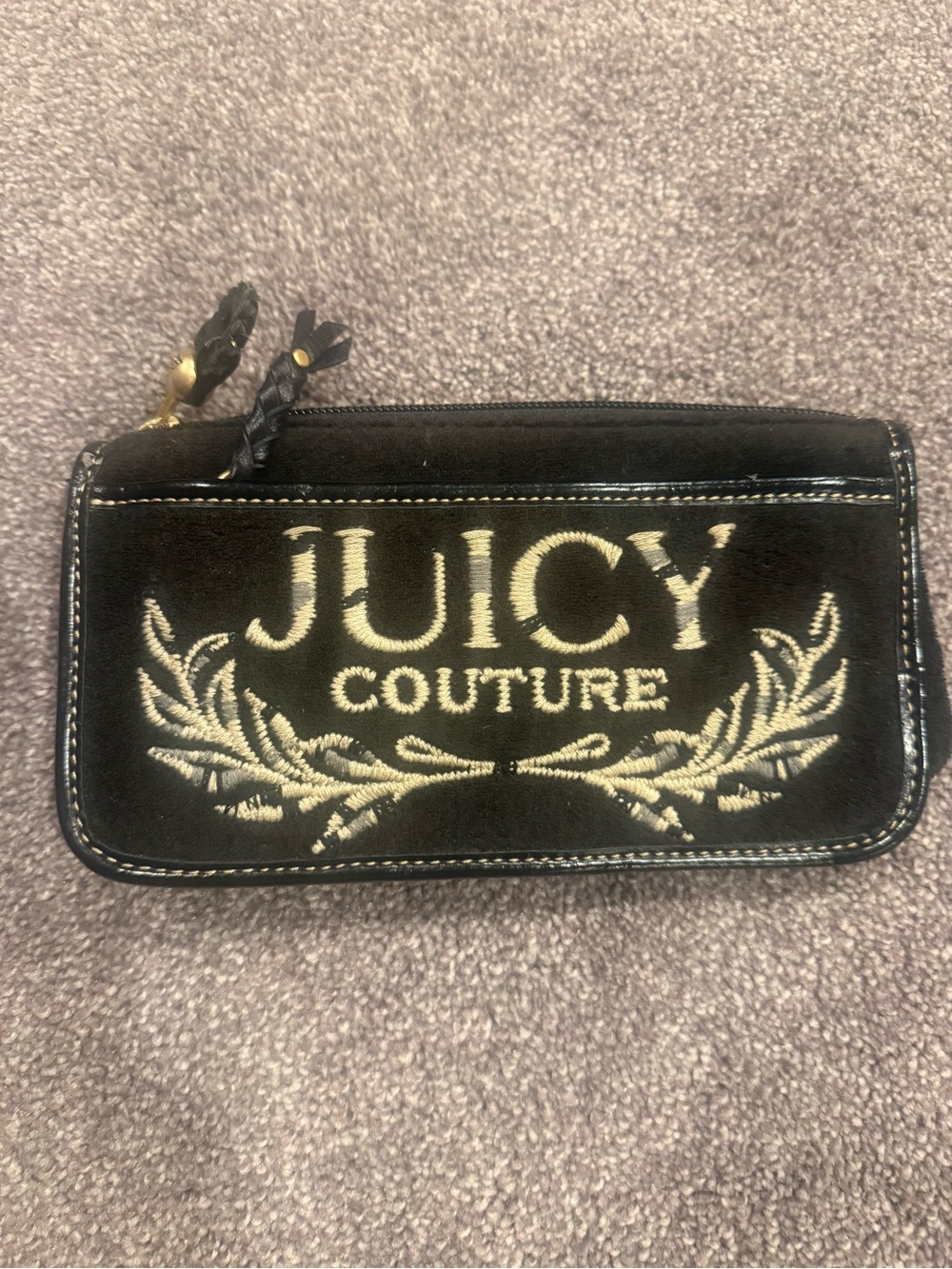 Juicy Couture Black Velvet Logo Zip Wallet with Gold Embroidery